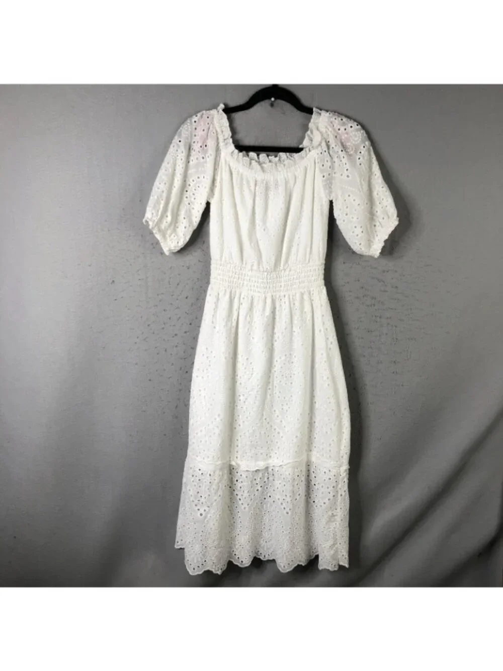 Betsey Johnson Dress Womens S White Eyelet Lace Smocked Midi Puff Sleeve Boho - Picture 2 of 16